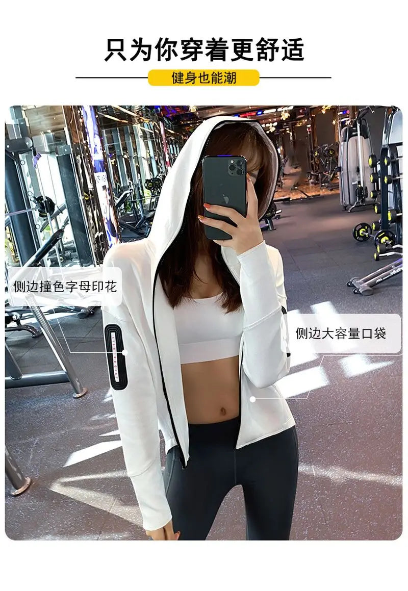 Women Sports Jacket Quick-Drying Breathable Long-Sleeved Hooded Zipper Pockets Slimming Fashionable Cool Yoga Wear Fitness Top