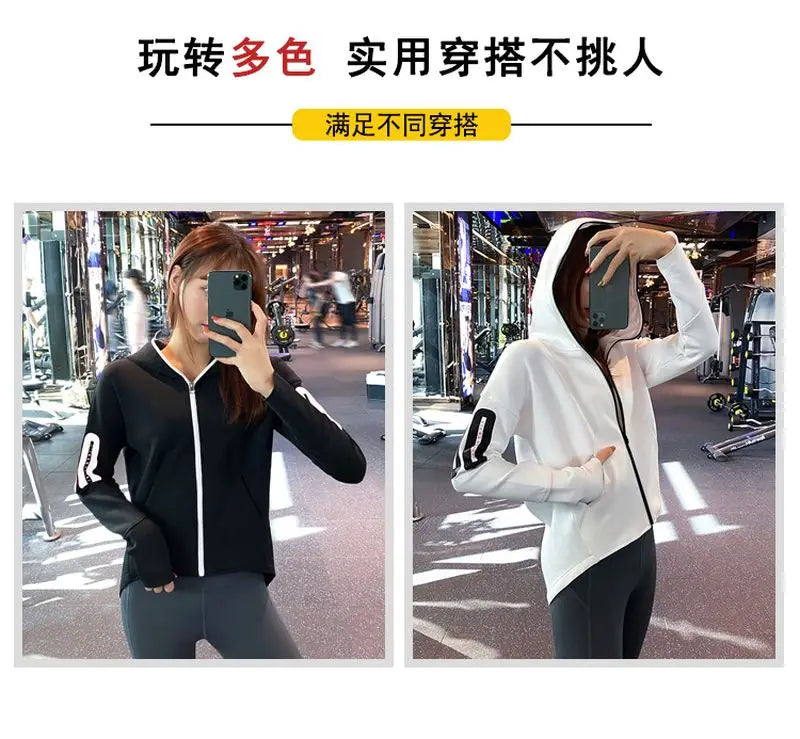 Women Sports Jacket Quick-Drying Breathable Long-Sleeved Hooded Zipper Pockets Slimming Fashionable Cool Yoga Wear Fitness Top