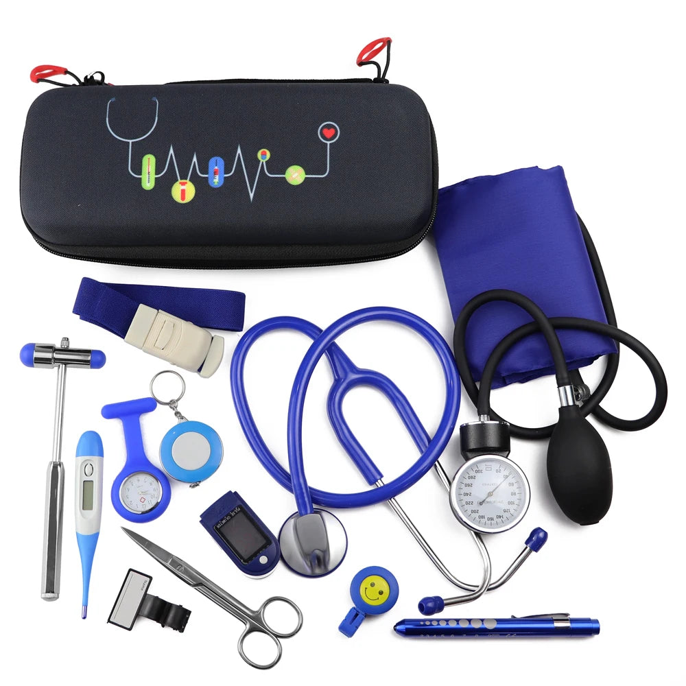 12PCS Medical Storage Kit Health Bag Pouch Stethoscope Manometer Reflex Hammer First Aid Tourniquet Penlight Thermometer Set