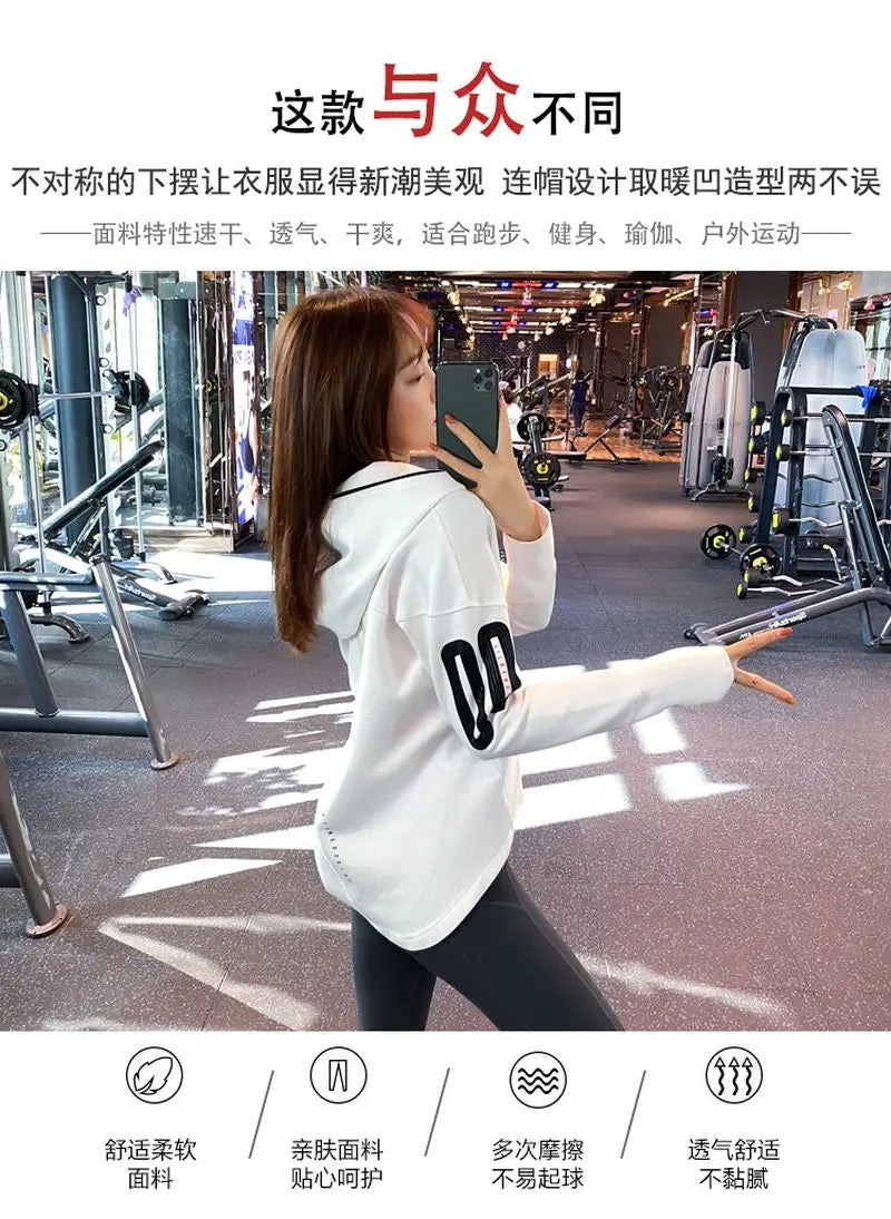 Women Sports Jacket Quick-Drying Breathable Long-Sleeved Hooded Zipper Pockets Slimming Fashionable Cool Yoga Wear Fitness Top