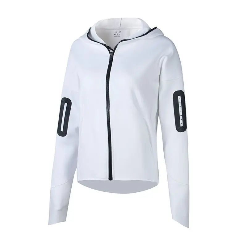 Women Sports Jacket Quick-Drying Breathable Long-Sleeved Hooded Zipper Pockets Slimming Fashionable Cool Yoga Wear Fitness Top